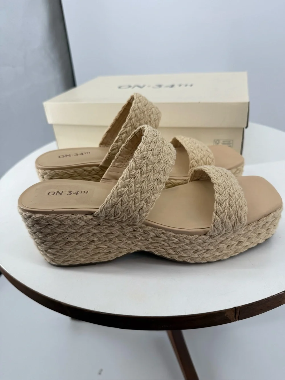 ON 34th Norinarf Raffia Platform Wedge Sandals Womens 9.5M Natural Resort NEW